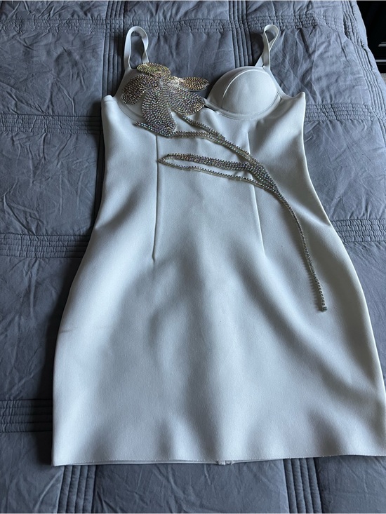AKIRA Dresses & Skirts - AKIRA White Mini Dress with Crystal Floral Applique